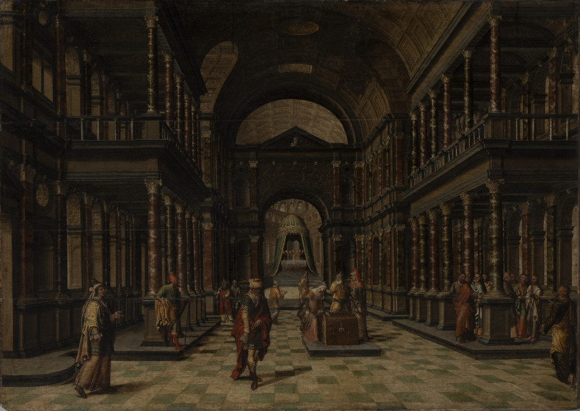 Wdowi grosz - Ujęcie z przodu;  Kompozycja przedstawia imaginacyjne wnętrze Świątyni Jerozolimskiej, wyobrażonej jako monumentalna bazylika emporowa z kolumnami w porządku korynckim. Szeroką nawę główną zamyka przegroda w formie łuku triumfalnego, zwieńczonego trójkątnym tympanonem z wizerunkiem króla Salomona. Za nią, pod zielono-złotym baldachimem (Namiotem Zgromadzenia), widać ołtarz z kamiennymi tablicami przykazań i złoty siedmioramienny świecznik (menorę). W nawie głównej na podwyższeniu stoi skrzynia na datki.

We wnętrzu ukazanych zostało kilkanaście osób w antykizujących strojach. Ubiór i nakrycia głowy identyfikują je jako kapłanów i darczyńców z różnych warstw społecznych. W centrum kompozycji, na prawo od osi, przy skarbonie, skromnie ubrana kobieta sięga do sakiewki, pochylając się nad skrzynię i wspierając się na niej. Do niewiasty zwraca się jeden z dwóch mężczyzn stojących przy skarbonie. Ukazany na pierwszym planie, zwrócony w stronę widza bogato odziany patrycjusz w turbanie na głowie również sięga do sakiewki. Idący w jego kierunku mężczyzna w długich, złocisto-zielonych szatach, z księgą w dłoni (zapewne kapłan) wskazuje na niego dłonią. Między kolumnami prawej nawy ukazano Jezusa wkraczającego do świątyni, który zwraca się do grupy idących za nim apostołów, wskazując na scenę rozgrywającą się przy skarbonie.