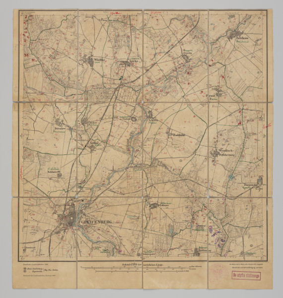 drukowana mapa 688 Greifenberg I - Ujęcie z przodu; Mapę 688 Greifenberg I opracowano i wydano w 1889, a dodrukowano w 1924 roku. Obejmuje obszar w pobliżu miejscowości Greifenberg, Kreis Greifenberg, Reg. Bez. Stettin, Prov. Pommern, dziś Gryfice, pow. gryficki, woj. zachodniopomorskie, Polska. Na drukowanej mapie ręcznie naniesiono warstwę z numeracją obiektów fizjograficznych odnoszących się do miejscowości: Wödtke, dziś Otok; Görke, dziś Górzyca; Borntin, dziś Borzęcin; Behlkow, dziś Bielikowo; Rütznow, dziś Prusinowo; Zicker, dziś Sikory; Dadow, dziś Dziadowo; Schellin, dziś Skalin; Radduhn, dziś Raduń; Prust, dziś Pruszcz; Wendisch Pribbernow, dziś Przybiernów; Dummadel, dziś Tąpadły; Neklatz, dziś Niekładź; Lübsow, dziś Lubieszewo; Lerche, dziś Skowrony; Rottnow, dziś Ratnowo; Tressin, dziś Trzeszyn; Klötkow, dziś Kłodkowo; Wefelow, dziś Wlewo; Broitz, dziś Brojce; Rensekow, dziś Rzęskowo.