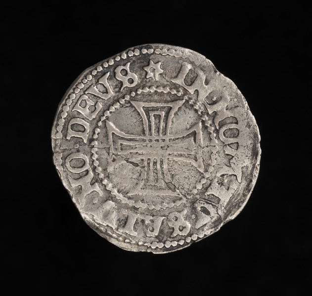 grosz (Kreuzgroschen) - rewers; moneta srebrna;
Na rewersie krzyż konturowy o rozszerzonych końcach ramionach, wewnątrz którego konturowy krzyż równoramienny. W podwójnym perełkowym otoku napis: IN NOM TV SALV NO DEVS (Boże, zabaw mnie w imię Twoje).