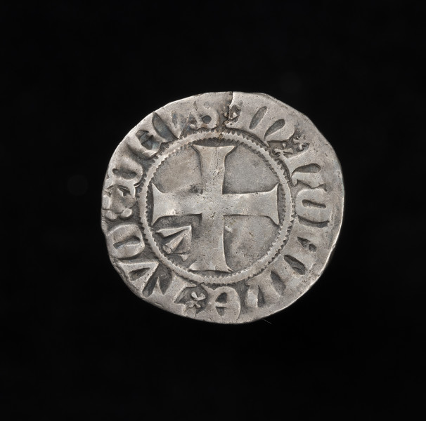 witen - rewers; moneta srebrna; 
Na rewersie krzyż równoramienny o rozszerzonych końcach ramion, w jednym kącie mały grot strzały. W perełkowym otoku napis: DEVS IN NOMINE TVO (Boże, w imię Twoje).
