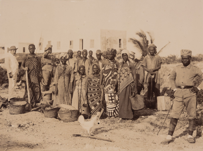 fotografia z albumu Aleksandra Dandelskiego; Grupa niewolników przy pracy - ujęcie z przodu; Fotografia w układzie poziomym przedstawia zniewoloną miejscową ludność przy pracy. Pilnowani są przez żołnierzy: ubranego na biało w charakterystycznym kapeluszu żołnierza Schutztruppe i dwóch Askarysów (tubylczych żołnierzy niemieckich wojsk afrykańskich) w ciemnych mundurach. Niewolnicy stoją blisko siebie, są połączeni łańcuchami, które przypięto do metalowych obroży zawieszonych na ich szyjach. W pierwszym rzędzie znajdują się miejscowe kobiety w charakterystycznych strojach i nakryciach głowy. Część z nich stoi w niewielkim, wykopanym dołku. W kolejnych trzech rzędach widać miejscowych mężczyzn. Część niewolników trzyma w rękach łopaty i kilofy. Przed nimi stoją plecione kosze zasobowe częściowo wypełnione ziemią, pisakiem i kamieniami. Wygląda na to, że zmuszono ich do kopania. Żołnierze stoją z boku, po obu stronach niewolników. Jeden z Askarysów wskazuje palcem na aparat i fotografa. Grupa pozuje do zdjęcia na tle zabudowy kolonialnej. Większość niewolników ma poważny wyraz twarzy, poza kobietą ubraną w pasiastą sukienkę, która wyraźnie uśmiecha się do zdjęcia. Na pierwszym planie uchwycono przechodzącego ptaka, prawdopodobnie białą kurę.