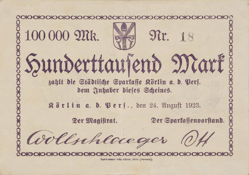 100 tysięcy marek - awers; Na awersie, w ramce złożonej z ciągów 