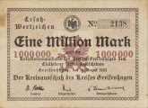 1 milion marek - awers; Na awersie, w ramce złożonej z szeregu odwróconych serc przetykanych punktami, na brązowym poddruku z gryfem w lewo pomiędzy nominałami 1 000 000, czarny druk gotycką czcionką: Eine Million Mark/ (duża czcionka) zahlt die/ Kreiskommunalkasse des Kreises Greifenhagen dem/ Einlieferer dieses Geldscheines/ Greifenhagen, den 14. August 1923 (mała czcionka). Poniżej czarny druk gotycką czcionką: Der Kreisausschuss des Kreis Greifenhagen (średnia czcionka), a niżej faksymilia podpisów starosty, burmistrza i sędziego powiatowego - Landrat, Burgermeister, Amtsgerichtsrat (mała czcionka). W lewym górnym narożniku bonu czarny druk gotycką czcionką: Ersatz=/ Wertzeichen (średnia czcionka). W prawym górnym narożniku numer emisyjny: 2138 na czarnym liniowym poddruku. W połowie długości górnej krawędzi bonu czarne faksymile okrągłej pieczęci zarządu powiatu. W polu orzeł pruski w postawie heraldycznej, napis otokowy: KREISAUSSCHUSS DES KREISES - GREIFENHAGEN.