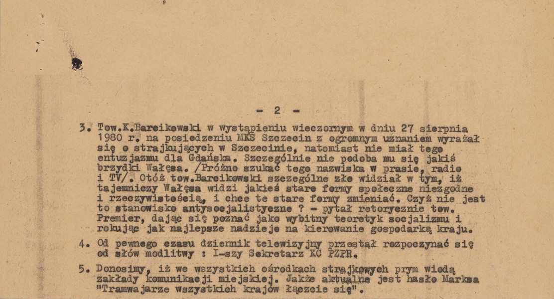 biuletyn Komitetu Strajkowego Wojewódzkiego Przedsiębiorstwa Komunikacji Miejskiej - detal; Fragment wydania specjalnego biuletynu Komitetu Strajkowego Niezależny „Tramwajarz” dotyczące wydarzeń z 27 i 28 sierpnia 1980 roku. Treść ujęta w punkty.