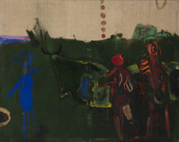 Polska corrida - ujęcie z przodu; Kompozycja w układzie poziomym na szarym niezagruntowanym płótnie. Górny pas przedstawienia – około jednej czwartej obrazu – prawie niezamalowany. W nieregularnej linii horyzontu nieprzedstawiające formy, z lewej strony niebiesko-błękitne i różowe smugi farby, nieco za środkiem na prawo czerwona kropka, nad nią pięć jasno-brązowych plamek ułożonych jedna nad drugą w górę  do krawędzi obrazu. W centrum, na zielonym tle szkicowo zarysowana czarną farbą głowa i część tułowia byka. Sam byk jest zielono-żółty i wtapia się w otoczenie. Na jego boku widać niebieskie smugi farby. Przed nim, po prawej stronie obrazu dwie sylwetki ludzkie namalowane plamami w pomarańczowo-bordowym kolorze. Po lewej stronie zarys postaci z rozpostartymi ramionami w kolorze niebieskim.