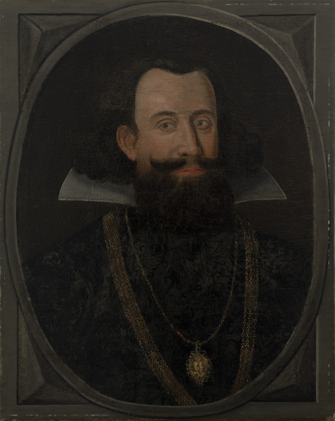 Portret Jürgena Valentina Winthera - ujęcie z przodu; Portret w formie wpisanego w owal popiersia mężczyzny o falowanych, czarnych włosach sięgających długością poniżej uszu, z prosto uciętą brodą i wąsami. Mężczyzna o prostym nosie i szerokich ustach spogląda brązowymi oczami w lewo. Strój jest ciemny brązowo-czarny, tkanina ozdobiona haftem. Szeroki, gładki, biały kołnierz jest postawiony i wywinięty na boki. Na piersi zawieszone są  złote łańcuchy oraz medalion z przedstawieniem portretowym pary. Owal z portretem okala prostokątne, malarskie obramowanie w formie iluzjonistycznej, szarej ramy z trójkątnymi ostrosłupami w rogach.