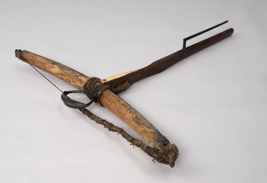 kusza - Ujęcie ze skosu z lewej; Kusza średniowieczna z odgiętym łęczyskiem, drewnianym łożem z kościaną nakładką i prostą konstrukcją dźwigni spustowej. Łoże jest proste, zwęża się ku końcowi kolby. Od góry na łożu zamocowana jest kościana płytka przytwierdzona w najszerszej części gwoździem. Orzecha brak, jednak zachował się spust o bardzo prostej konstrukcji, składający się ze sprężyny do zaczepu i zwalniania orzecha. Widoczna część spustu jest prosta, następnie wygina się pod kątem 90 stopni. W przedniej części łoża po boku widoczne są otwory z pozostałością splotu mocującego łuczywo dalej ku końcowi widoczne są nity mocujące spust. Łuczysko jest mocowane do frontu łoża wspomnianym oplotem. Jest wygięte na zewnątrz i pokryte korą drzewa brzozowego. Jego widoczny bliższy koniec jest uszkodzony od wilgoci. Na lewym końcu łuku widoczne jest wgłębienie do mocowania cięciwy. Zachowana cięciwa jest urwana składa się ze splotu wielu cienkich nici. Pośrodku łuku przywiązane jest rzemieniem żelazne strzemię, zdobione po bokach nacięciami.