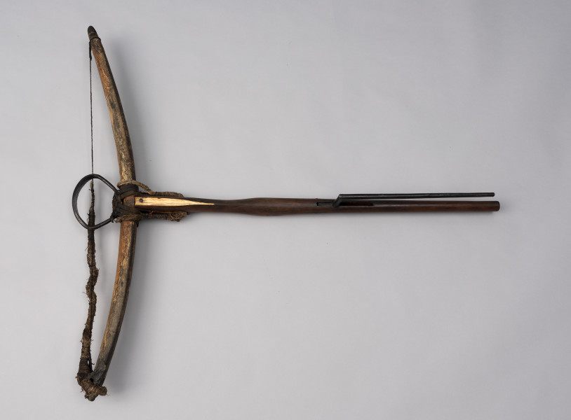 kusza - Ujęcie z przodu; Kusza średniowieczna z odgiętym łęczyskiem, drewnianym łożem z kościaną nakładką i prostą konstrukcją dźwigni spustowej. Łoże jest proste, zwęża się ku końcowi kolby. Od góry na łożu zamocowana jest kościana płytka z wgłębieniem na prowadnicę bełta przytwierdzona w najszerszej części gwoździem. Zwęża się ku otworowi na orzech, a przed nim znowu się rozszerza. Orzecha brak, jednak zachował się spust o bardzo prostej konstrukcji, składający się ze sprężyny do zaczepu i zwalniania orzecha. Widoczna część spustu jest prosta, następnie wygina się pod kątem 90 stopni. Łuczysko jest mocowane do frontu łoża wspomnianym oplotem. Jest wygięte na zewnątrz i pokryte korą drzewa brzozowego. Jego prawy koniec jest uszkodzony od wilgoci. Zachowana cięciwa jest urwana składa się ze splotu wielu cienkich nici. Pośrodku łuku przywiązane jest rzemieniem żelazne strzemię.