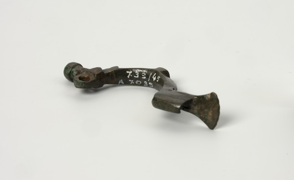 fibula z brązu z Borkowic typu Bügelknopffibel - Ujęcie z dołu; Zapinka z brązu z guzkiem na łukowatym kabłąku typu Bügelknopffibel. Fibula pozbawiona jest sprężynki i szpili.