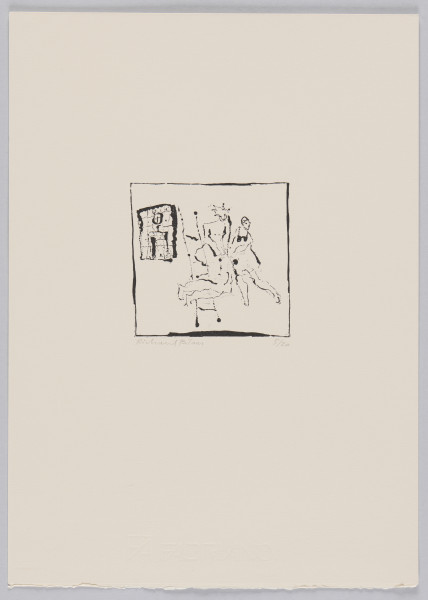 odbitka graficzna - Grafika przedstawiająca dwie postacie, z których znajdująca się po lewej stronie zdaje się stać na drabinie. Sylwetki postaci powykrzywiane. Obok konstrukcja przypominająca piec kaflowy. Przedstawienie wpisane w kwadratową ramkę.