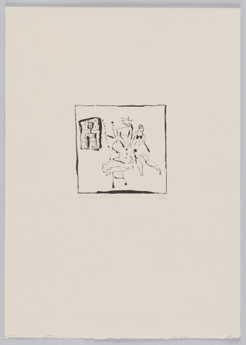 odbitka graficzna - Grafika przedstawiająca dwie postacie, z których znajdująca się po lewej stronie zdaje się stać na drabinie. Sylwetki postaci powykrzywiane. Obok konstrukcja przypominająca piec kaflowy. Przedstawienie wpisane w kwadratową ramkę.