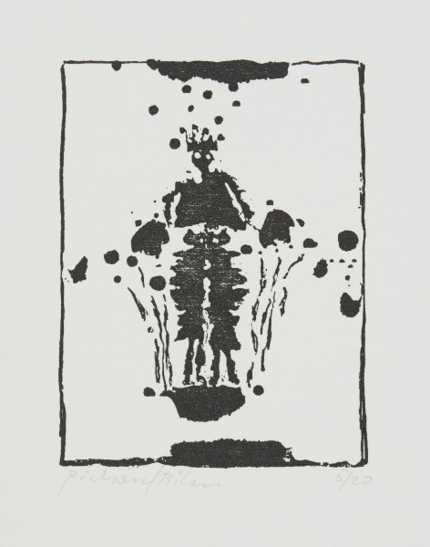 odbitka graficzna - Grafika przedstawiająca plątaninę abstrakcyjnych kształtów. Wśród nich widoczna czarna sylwetka postaci ujęta od pasa w górę. Poniżej abstrakcyjny kształt, być może nogi postaci. Przedstawienie wpisane w prostokątną ramkę stojącą na krótszym boku.