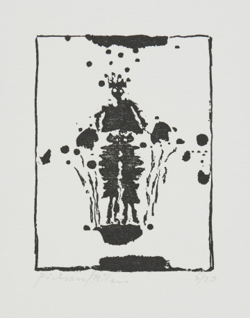 odbitka graficzna - Grafika przedstawiająca plątaninę abstrakcyjnych kształtów. Wśród nich widoczna czarna sylwetka postaci ujęta od pasa w górę. Poniżej abstrakcyjny kształt, być może nogi postaci. Przedstawienie wpisane w prostokątną ramkę stojącą na krótszym boku.