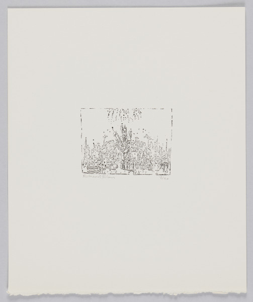 odbitka graficzna - Grafika przedstawia abstrakcyjną plątaninę linii i kształtów wypełniającą niemal całkowicie dolną połowę ramki, w której jest zamknięta. Pośrodku u góry odchodzące od górnej krawędzi linie stworzone z kropek. Przedstawienie w stworzonym z przerywanej linii prostokącie stojącym na dłuższym boku.