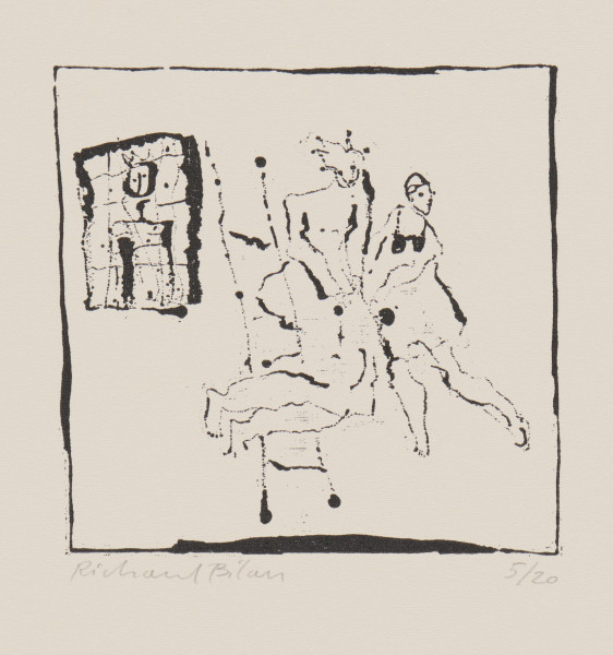 odbitka graficzna - Grafika przedstawiająca dwie postacie, z których znajdująca się po lewej stronie zdaje się stać na drabinie. Sylwetki postaci powykrzywiane. Obok konstrukcja przypominająca piec kaflowy. Przedstawienie wpisane w kwadratową ramkę.