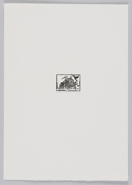 odbitka graficzna - Grafika przedstawia grupę czarnych postaci oraz wóz na trzech kołach. Z lewej strony, z przodu wozu widoczna postać trzymająca podłużny przedmiot zakończony kształtem ptaka. Wokół odcisku grafiki widoczny ślad po matrycy.