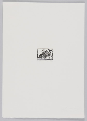 odbitka graficzna - Grafika przedstawia grupę czarnych postaci oraz wóz na trzech kołach. Z lewej strony, z przodu wozu widoczna postać trzymająca podłużny przedmiot zakończony kształtem ptaka. Wokół odcisku grafiki widoczny ślad po matrycy.