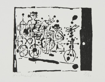 odbitka graficzna - Grafika z widocznym wśród abstrakcyjnych kształtów mężczyzną w okularach i kapeluszu. Wśród kształtów rozpoznać można koła roweru. Prawa krawędź ramy grafiki zdecydowanie pogrubiona. Przedstawienie wpisane w prostokątną ramkę stojącą na dłuższym boku.