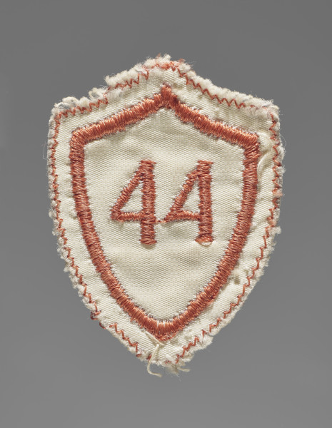 Tarcza szkolna w formie naszywki wykonana z tkaniny w kolorze białym. Czworoboczna - z trzema rogami na górze i jednym na dole, każda krawędź zaokrąglona: górne do wewnątrz (do dołu), boczne na zewnątrz. Krawędzie obszyte nicią w kolorze czerwonym. W centralnym polu wszyty maszynowo nicią w tym samym kolorze numer ,,44’’ (nr szkoły).