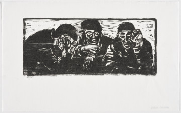Kompozycja figuralna - Trzej mężczyźni ujęci na wprost, siedzący za stołem (?). Widoczni w półpostaci. Mężczyzna z lewej strony, ujęty z prawego boku, prawą rękę opiera na policzku. Mężczyzna siedzący pośrodku wyciągnął ręce przed siebie, prawą dłonią trzyma nadgarstek lewej dłoni. Mężczyzna z prawej ujęty frontalnie, prawą rękę wyciągnął przed siebie, lewą opiera na policzku. Na twarzach smutek i rozpacz.