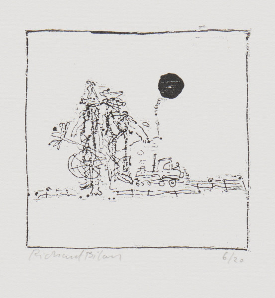 odbitka graficzna - Grafika przedstawia dwie stojące obok siebie postacie. Postać po prawej w ręku trzyma na sznurku czarny balon (?) unoszący się w powietrzu. Obok niewielki zabawkowy samochodzik. Przedstawienie wpisane w kwadratową ramkę.