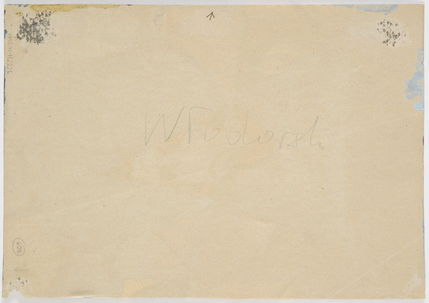 gwasz - Kompozycja abstrakcyjna. Mocne, czarne kontury wydzielają na powierzchni kompozycji figury geometryczne, dynamizują płynne kształty figur. Kolory – przygaszone jasne błękity, fiolety, zielenie i żółcienie z akcentami mocnej plamy pomarańczowej i jasnego różu i kontrastu wyrazistej czerni trójkąta i ciemnego błękitu kuli/okręgu z wyciętym trójkątem.