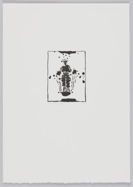 odbitka graficzna - Grafika przedstawiająca plątaninę abstrakcyjnych kształtów. Wśród nich widoczna czarna sylwetka postaci ujęta od pasa w górę. Poniżej abstrakcyjny kształt, być może nogi postaci. Przedstawienie wpisane w prostokątną ramkę stojącą na krótszym boku.