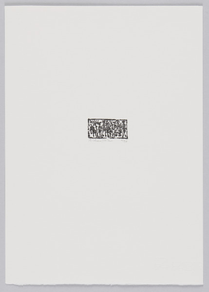 odbitka graficzna - Grafika przedstawia zamknięte w prostokątnej ramie, całkowicie ją wypełniające czarne kształty ludzi i zwierząt. Z lewej strony widoczne kształty zwierzęcia oraz palmy kokosowej. Przedstawienie wpisane w prostokątną ramkę stojącą na dłuższym boku.