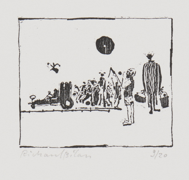 odbitka graficzna - Grafika przedstawiająca grupę postaci oraz postać w pojeździe przypominającym samochód wyścigowy. Po prawej stronie przedstawienia dwie większe od innych postaci, chłopiec w krótkich spodniach oraz postać trzymająca wiadro oraz koszyk. Przedstawienie wpisane w prostokątną ramkę stojącą na dłuższym boku.