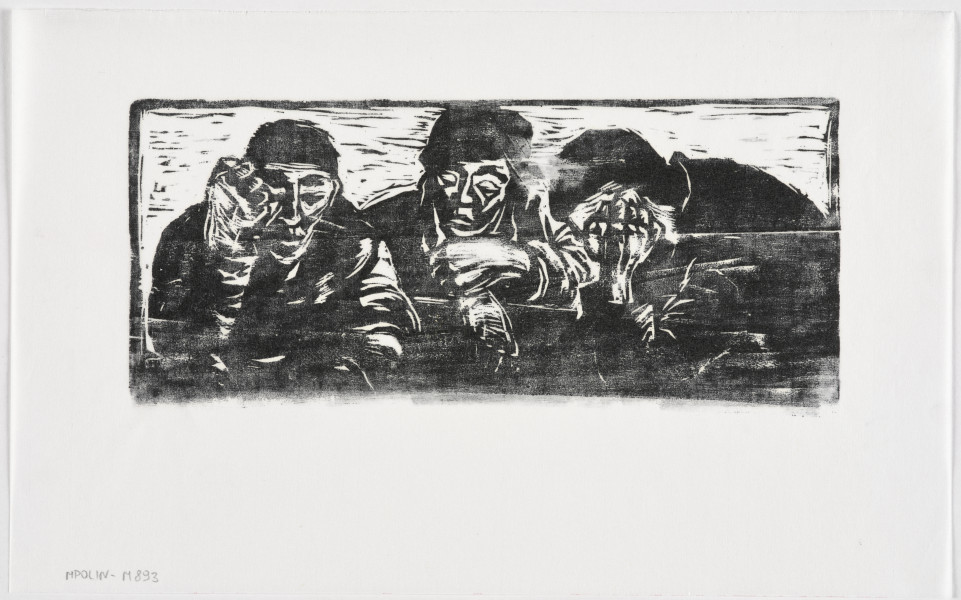 Kompozycja figuralna - Trzej mężczyźni ujęci na wprost, siedzący za stołem (?). Widoczni w półpostaci. Mężczyzna z lewej strony, ujęty z prawego boku, prawą rękę opiera na policzku. Mężczyzna siedzący pośrodku wyciągnął ręce przed siebie, prawą dłonią trzyma nadgarstek lewej dłoni. Mężczyzna z prawej ujęty frontalnie, prawą rękę wyciągnął przed siebie, lewą opiera na policzku. Na twarzach smutek i rozpacz.