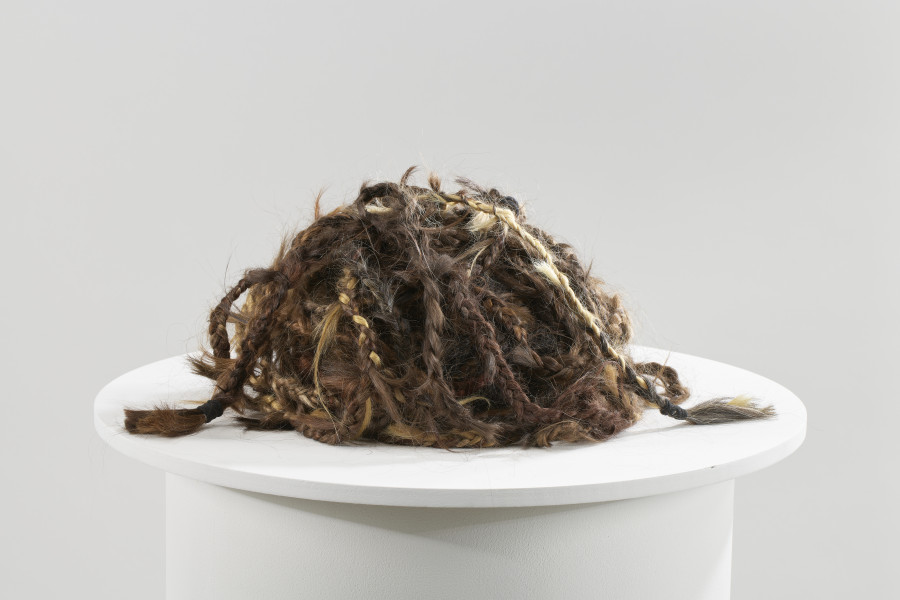 obiekt artystyczny - Długa lina zrobiona z warkocza uplecionego z naturalnych ludzkich włosów. Włosy różnią się kolorem i fakturą - różne pukle o podobnej długości zostały splecione ze sobą tak, że przechodzą płynnie, jeden w drugi.