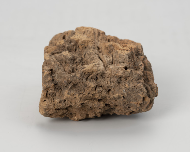 polepa - Ujęcie z boku; Polepa z przepalonej gliny koloru pomarańczowobrązowego z odciskami słomy.