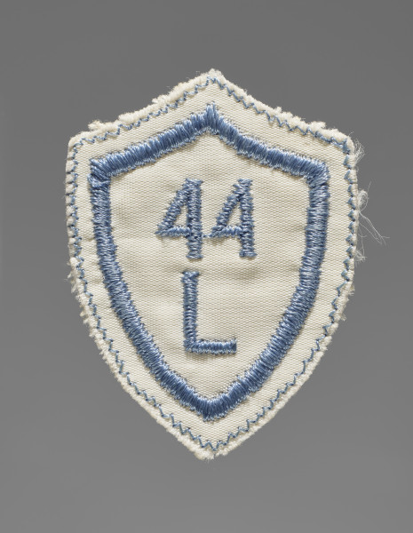 Tarcza szkolna w formie naszywki wykonana z tkaniny w kolorze białym. Czworoboczna - z trzema rogami na górze i jednym na dole, każda krawędź zaokrąglona: górne do wewnątrz (do dołu), boczne na zewnątrz. Krawędzie obszyte nicią w kolorze niebieskim. W centralnym polu wszyty maszynowo nicią w tym samym kolorze numer ,,44’’ (nr szkoły) oraz literę ,,L'' pod spodem.
