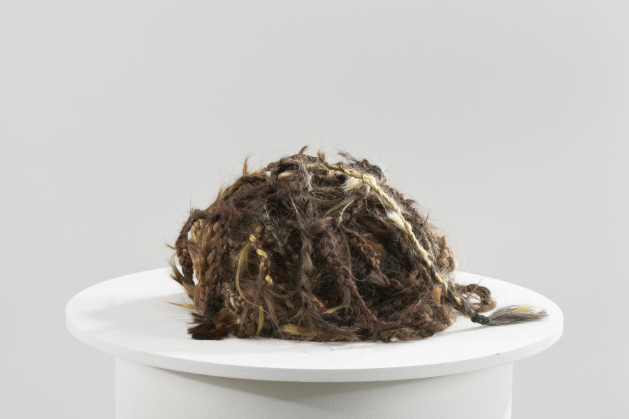 obiekt artystyczny - Długa lina zrobiona z warkocza uplecionego z naturalnych ludzkich włosów. Włosy różnią się kolorem i fakturą - różne pukle o podobnej długości zostały splecione ze sobą tak, że przechodzą płynnie, jeden w drugi.