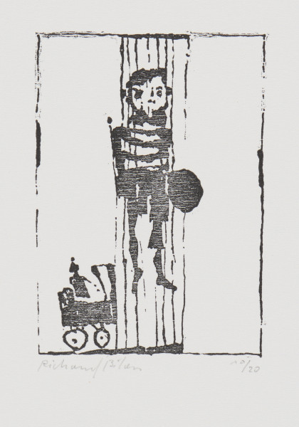 odbitka graficzna - Grafika przedstawiająca mężczyznę za kratami (?) unoszącego się nad ziemią oraz dziecko w wózku dziecięcym. Przedstawienie wpisane w prostokątną ramkę stojącą na krótszym boku.