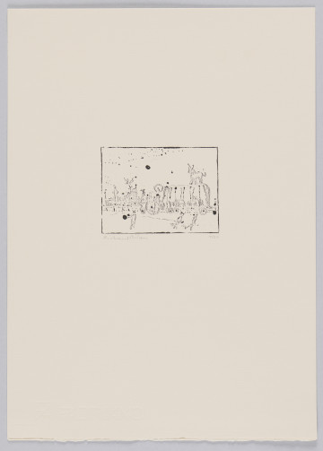 odbitka graficzna - Abstrakcyjne przedstawienie sceny ze zwierzęciem (kotem?) ze spiczastymi uszami stojącym na dużym pojeździe. Poniżej trzy stojące postacie. Po lewej stronie przedstawienia widoczne kształty drzew. Przedstawienie wpisane w prostokątną, fragmentarycznie odbitą ramkę, której podstawą jest krótszy bok.