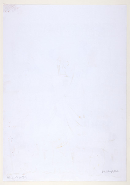 rysunek - Przedstawienie mężczyzny nienaturalnej wielkości stojącego pośród idących w rzędach ludzi. Mężczyzna w centrum przedstawienia z siwą długą brodą oraz długimi siwymi włosami. Ubrany jest w szatę z żółtą gwiazdą (gwiazdą Dawida) na piersi. Mężczyzna na głowie ma czarne nakrycie głowy (kipę). Dookoła mężczyzny od góry do dołu przedstawienia sześciu rzędów idących ludzi. Pięć górnych rzędów ludzi przedstawionych w kolorystyce czarnobiałej, najniższy rząd ludzi - w tonacji barwnej. Wszyscy z gwiazdami (gwiazdami Dawida) na ramionach. 