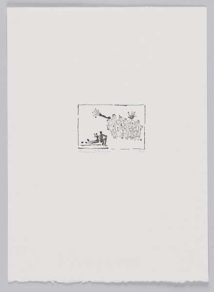 odbitka graficzna - Grafika z dwoma siedzącymi czarnymi postaciami oraz grupą stojących postaci obok. Siedzące postacie umiejscowione w lewym dolnym rogu sceny. Jedna z postaci siedzi z wyprostowanymi nogami, druga z nogami zgiętymi w kolanach. Przedstawienie wpisane w prostokątną ramkę stojącą na dłuższym boku.