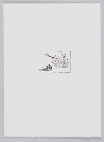 odbitka graficzna - Grafika z dwoma siedzącymi czarnymi postaciami oraz grupą stojących postaci obok. Siedzące postacie umiejscowione w lewym dolnym rogu sceny. Jedna z postaci siedzi z wyprostowanymi nogami, druga z nogami zgiętymi w kolanach. Przedstawienie wpisane w prostokątną ramkę stojącą na dłuższym boku.