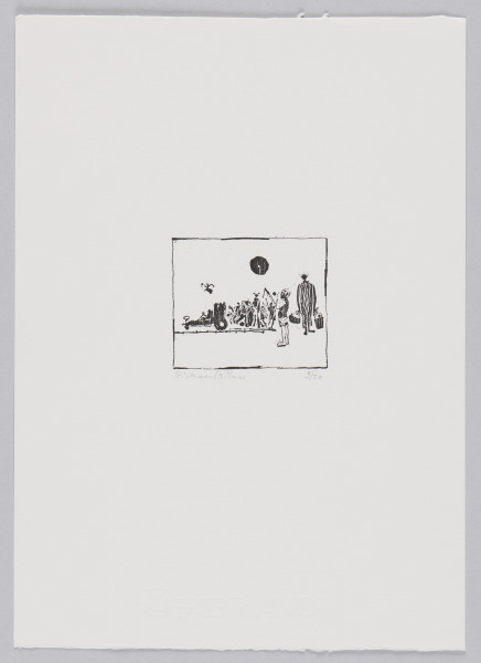 odbitka graficzna - Grafika przedstawiająca grupę postaci oraz postać w pojeździe przypominającym samochód wyścigowy. Po prawej stronie przedstawienia dwie większe od innych postaci, chłopiec w krótkich spodniach oraz postać trzymająca wiadro oraz koszyk. Przedstawienie wpisane w prostokątną ramkę stojącą na dłuższym boku.