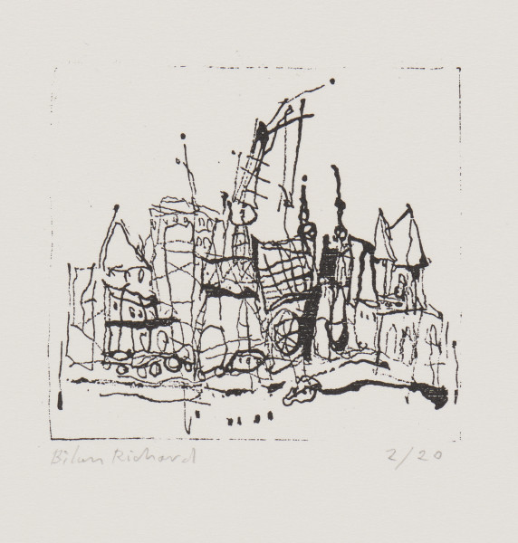 odbitka graficzna - Grafika przedstawiająca widok miasta. Pośrodku wysoka konstrukcja przypominająca żuraw portowy. Po obu jej stronach spiczaste dachy domów. Przedstawienie wpisane w prostokątną, fragmentarycznie odbitą ramkę stojącą na dłuższym boku.