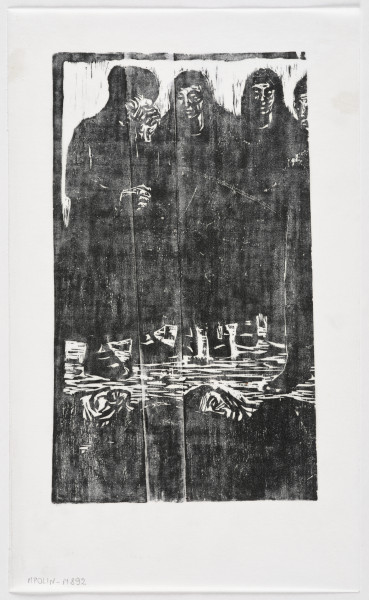 Kompozycja figuralna - Nad leżącymi na bruku zwłokami mężczyzn stoją cztery kobiety, ujęte w całej postaci. Ubrane w ciemne, długie płaszcze, na głowach mają zawiązane chustki. Kobiety stojące w środku mają bose stopy, te z boku na nogach mają ciężkie buty na płaskim obcasie. Kobieta z prawej strony, ujęta z lewego półprofilu, podnosi prawą rękę do twarzy, ocierając łzy, lewą, zgiętą w łokciu trzyma na wysokości brzucha. Sylwetka kobiety stojącej z lewej strony, odcięta pionowo krawędzią sceny.
U ich stóp leżą zwłoki dwóch mężczyzn, ułożonych na wznak, jeden obok drugiego. Widoczne twarze i górne części ciała.