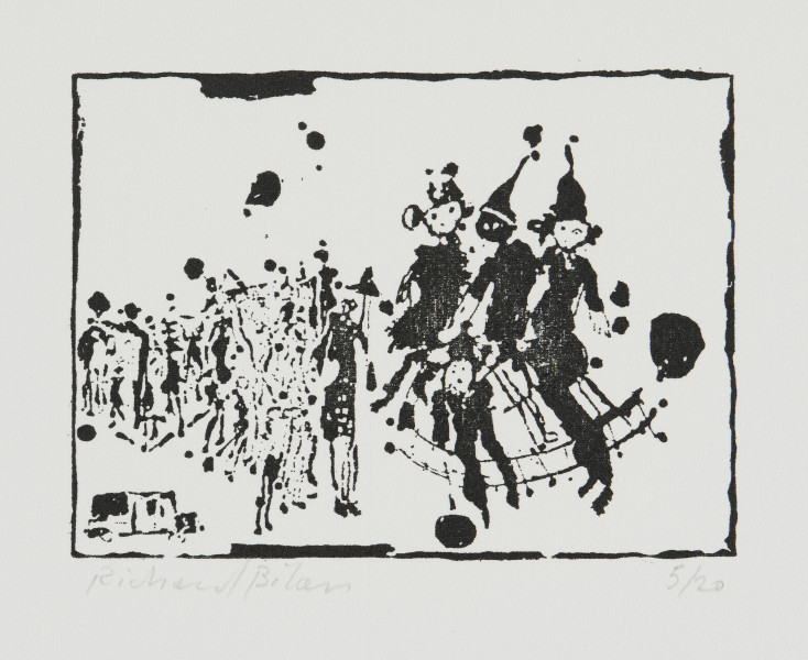 odbitka graficzna - Grafika przedstawia stojącą po lewej stronie sceny grupę wielu niewielkich postaci oraz cztery nieco większe czarne postacie w spiczastych nakryciach głowy po prawej stronie przedstawienia. Przedstawienie wpisane w prostokątną ramkę stojącą na dłuższym boku.