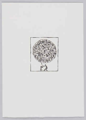 odbitka graficzna - Grafika z dwoma czarnymi postaciami w dynamicznych pozach oraz znajdującym się nad nimi okręgiem całkowicie wypełnionym czarnymi kształtami ludzi i zwierząt. Lewa postać znajdująca się po za okręgiem zgięta w pasie z uniesionymi do góry rękoma, stara się sięgnąć ku okrągłemu przedmiotowi powyżej. Postać po prawej stronie zgarbiona, z prawą nogą zgiętą w kolanie. Przedstawienie wpisane w prostokątną ramkę stojącą na krótszym boku.