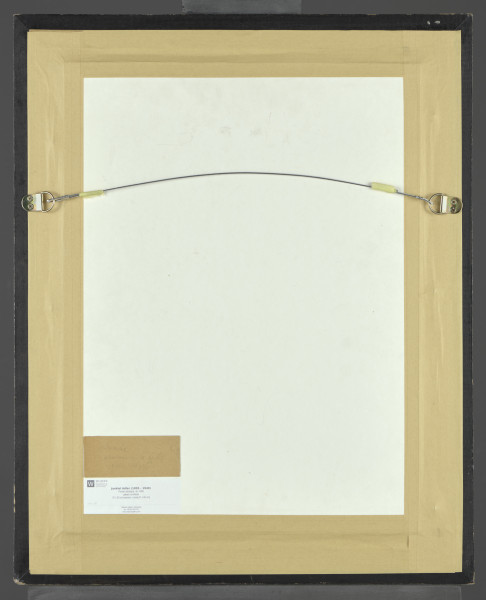 kompozycja figuralna - Kompozycja z figurą ludzką, ujętą frontalnie, w całej postaci. Monumentalna sylwetka kobiety (?) narysowana jest mocnym, czarnym konturem, forma uproszczona i zgeometryzowana. Sylwetka nie ma głowy i szyi. Z prawej strony postaci, oddzielnie okrągła głowa na długim, ukośnie biegącym kiju. W tle szerokie pionowe linie tworzą ramę dla figury.