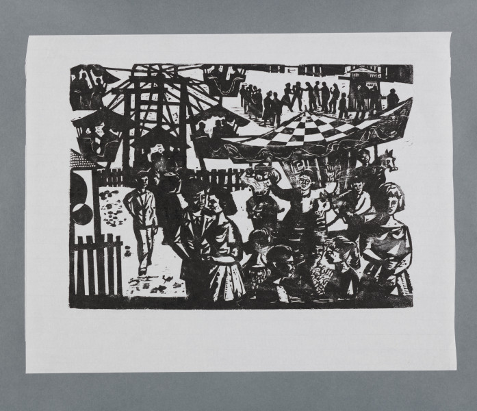 scena rodzajowa - Scena w lunaparku, wesołym miasteczku. Na ogrodzonym drewnianymi płotami placu stoi wesołe miasteczko – kręcące się karuzele: typu maneż (z konikami) i wysoka karuzela łańcuchowa z kilkuosobowymi gondolami. Na pierwszym planie grupy mężczyzn i kobiet, ujętych do pasa, rozmawiających. U dołu, przy prawej krawędzi sylwetki czterech kobiet, ujętych do pasa, zajętych rozmową. Za nimi mężczyzna z podniesionymi rękoma. W głębi niewielkie sylwetki ludzi.