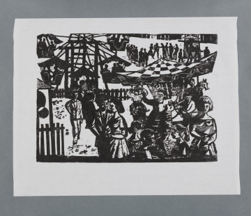 scena rodzajowa - Scena w lunaparku, wesołym miasteczku. Na ogrodzonym drewnianymi płotami placu stoi wesołe miasteczko – kręcące się karuzele: typu maneż (z konikami) i wysoka karuzela łańcuchowa z kilkuosobowymi gondolami. Na pierwszym planie grupy mężczyzn i kobiet, ujętych do pasa, rozmawiających. U dołu, przy prawej krawędzi sylwetki czterech kobiet, ujętych do pasa, zajętych rozmową. Za nimi mężczyzna z podniesionymi rękoma. W głębi niewielkie sylwetki ludzi.