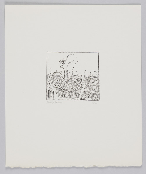 odbitka graficzna - Grafika przedstawia abstrakcyjną plątaninę linii i kształtów wypełniającą całkowicie dolną połowę ramki, w której jest zamknięta. Górna połowa przedstawienia pusta za wyjątkiem poszczególnych lini. Przedstawienie w stworzonym z przerywanej linii zbliżonym do kwadratu, prostokącie stojącym na dłuższym boku.