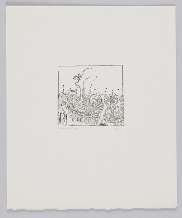 odbitka graficzna - Grafika przedstawia abstrakcyjną plątaninę linii i kształtów wypełniającą całkowicie dolną połowę ramki, w której jest zamknięta. Górna połowa przedstawienia pusta za wyjątkiem poszczególnych lini. Przedstawienie w stworzonym z przerywanej linii zbliżonym do kwadratu, prostokącie stojącym na dłuższym boku.