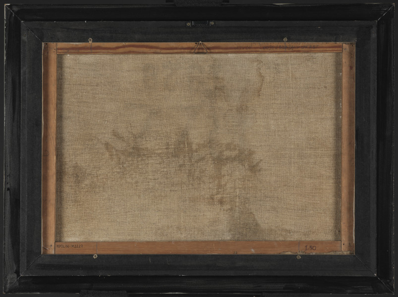 obraz olejny - Kompozycja abstrakcyjna. Powierzchnia płótna podzielona jest mocnymi, czarnymi, pionowymi i diagonalnymi liniami na trójkąty, czworokąty, romby wypełnione barwnymi plamami – w kolorze błękitu, pomarańczy, zimnej żółcieni, kremowej bieli. Pośrodku pionowy szaro-niebieski blok w górnej części znajdują się dwa trójkąty połączone pomarańczową kropką. Tło zróżnicowane kolorystycznie – z lewej fioletowe, w środku czarne, z prawej szare.